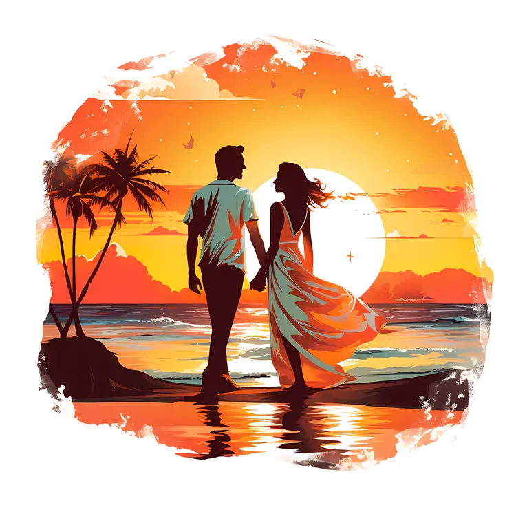 Couple Holding Hands on Beach at Sunset