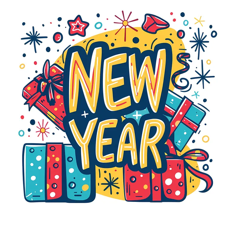 New Year Celebration with Gifts and Fireworks