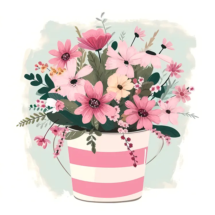 Pink and White Flower Arrangement in Striped Bucket