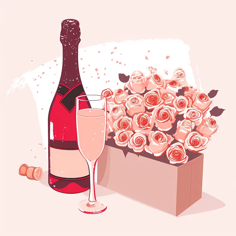 Champagne Bottle and Roses with Glass