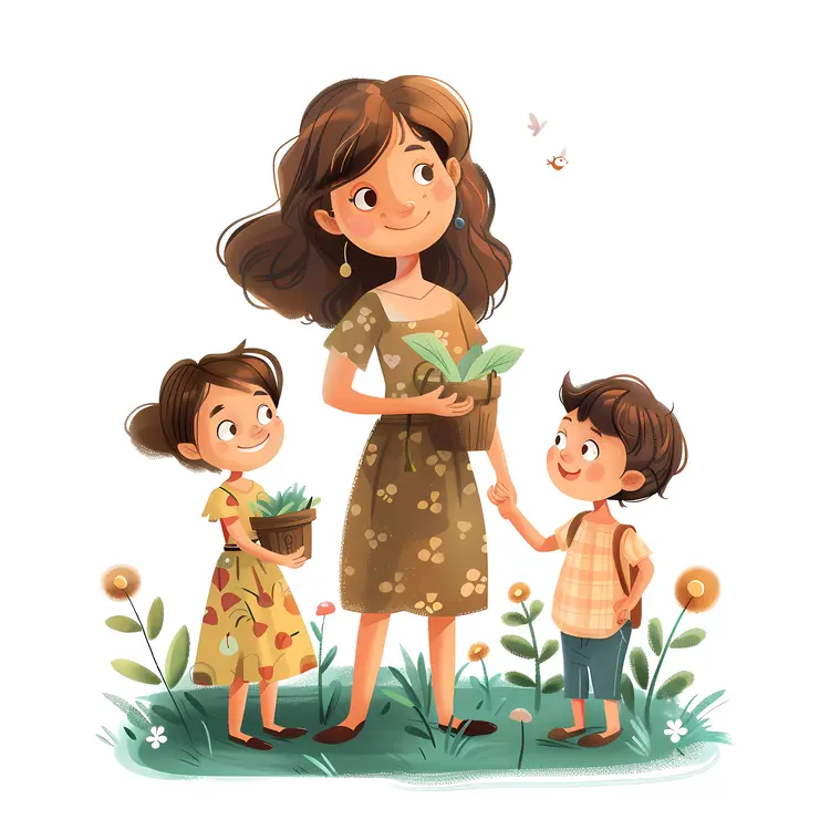 Mother and Children Gardening