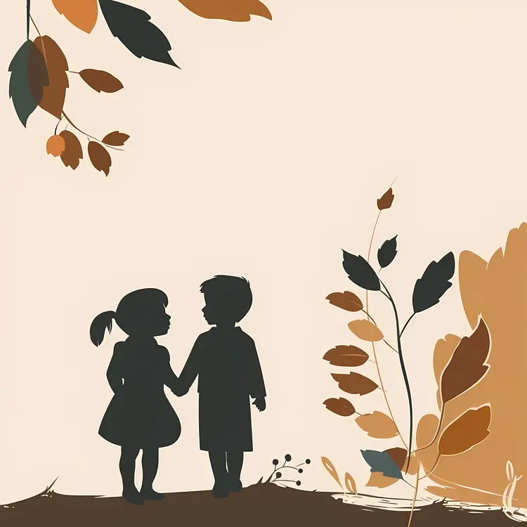 Silhouette of Children Holding Hands with Autumn Leaves