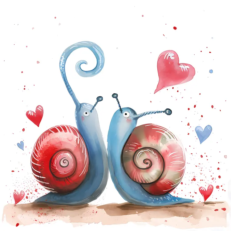Blue and Red Snails with Hearts