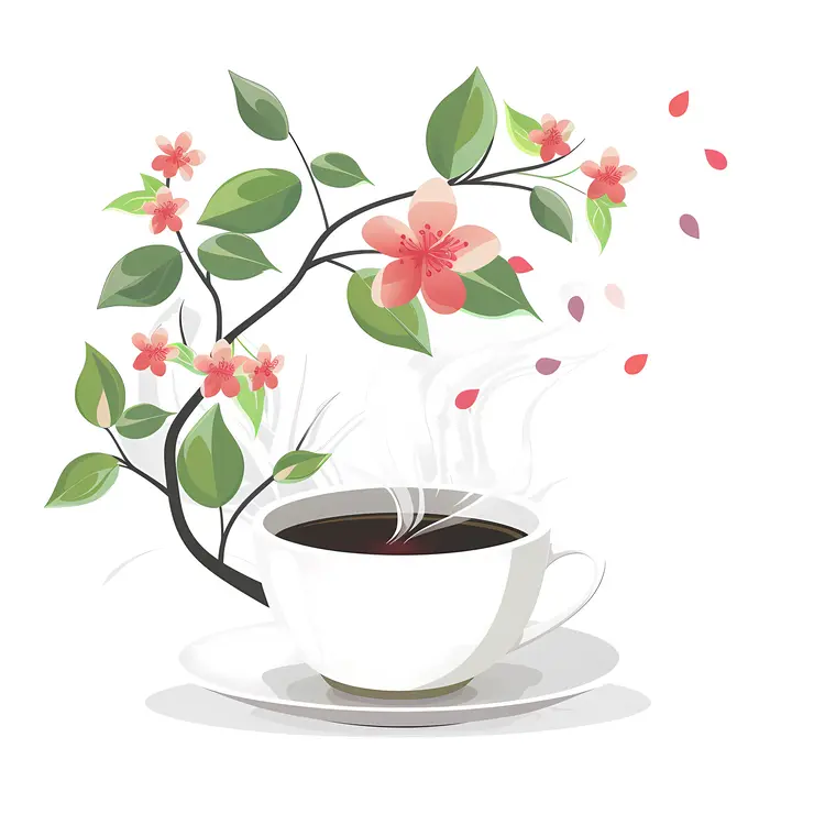 Coffee Cup and Pink Flowers in Spring
