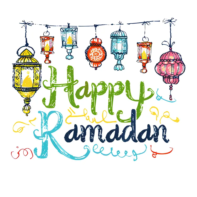 Happy Ramadan with Colorful Hanging Lanterns
