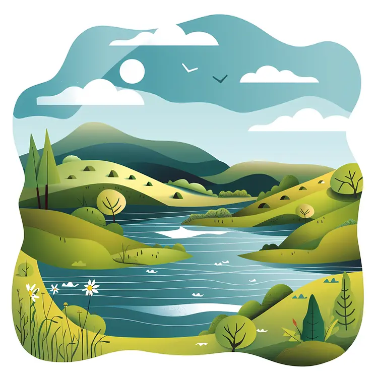 Peaceful River Landscape with Green Hills