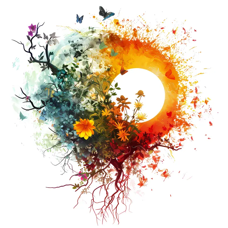 Abstract Sun with Flowers and Butterflies