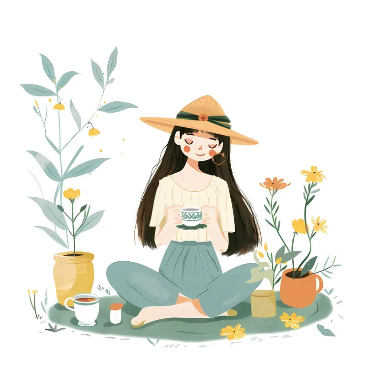 Girl with Hat Enjoying Tea in a Garden