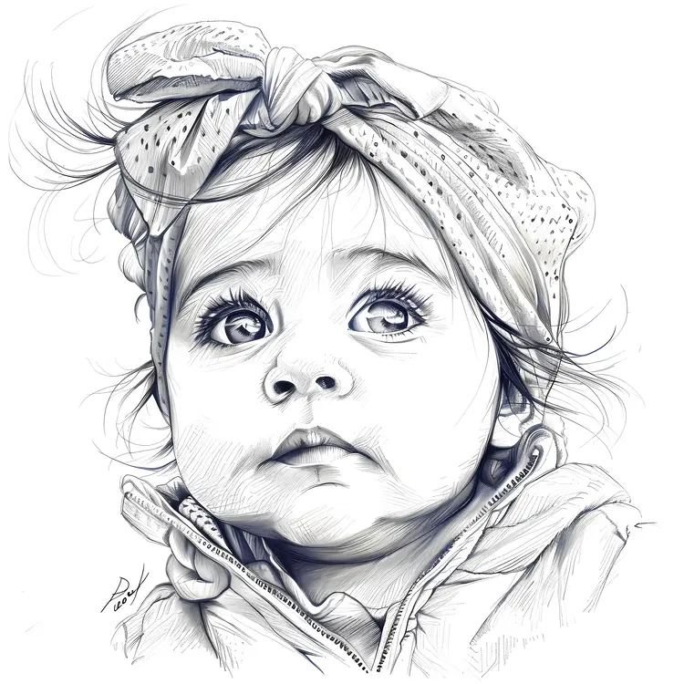Baby with Headband in Black and White Drawing