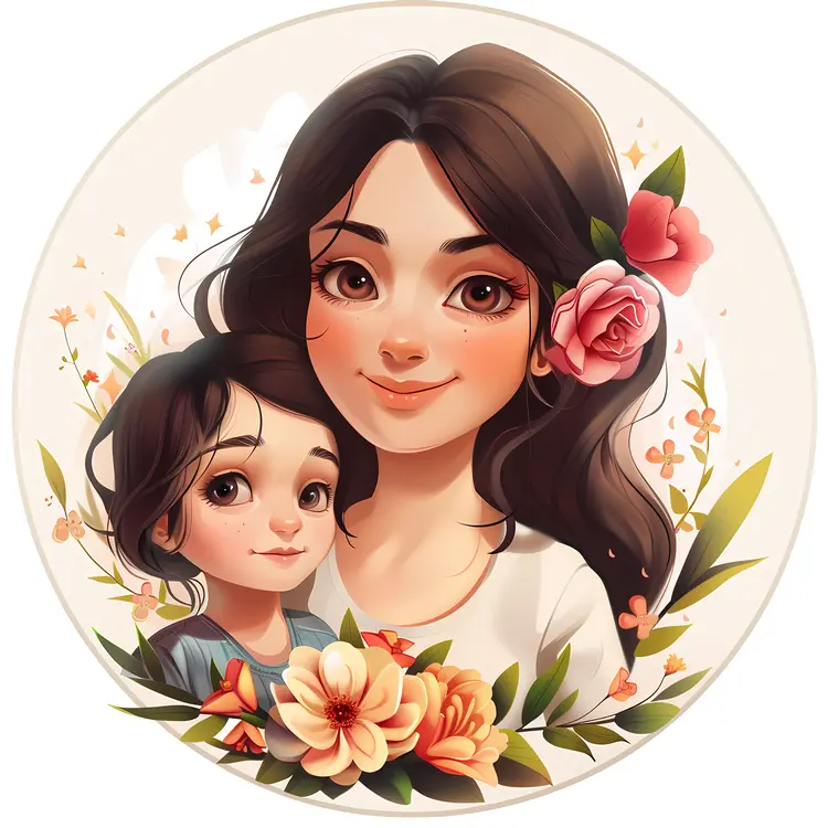 Beautiful Mother and Child Illustration with Flowers