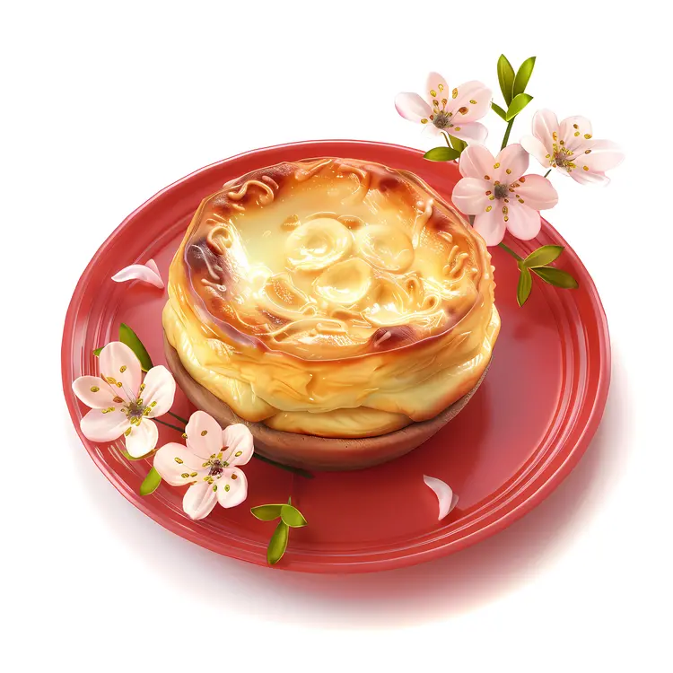 Custard Tart with Flowers on Red Plate
