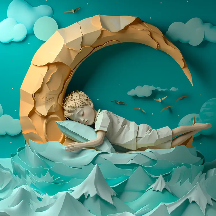 Sleeping Child with Blonde Hair under Crescent Moon