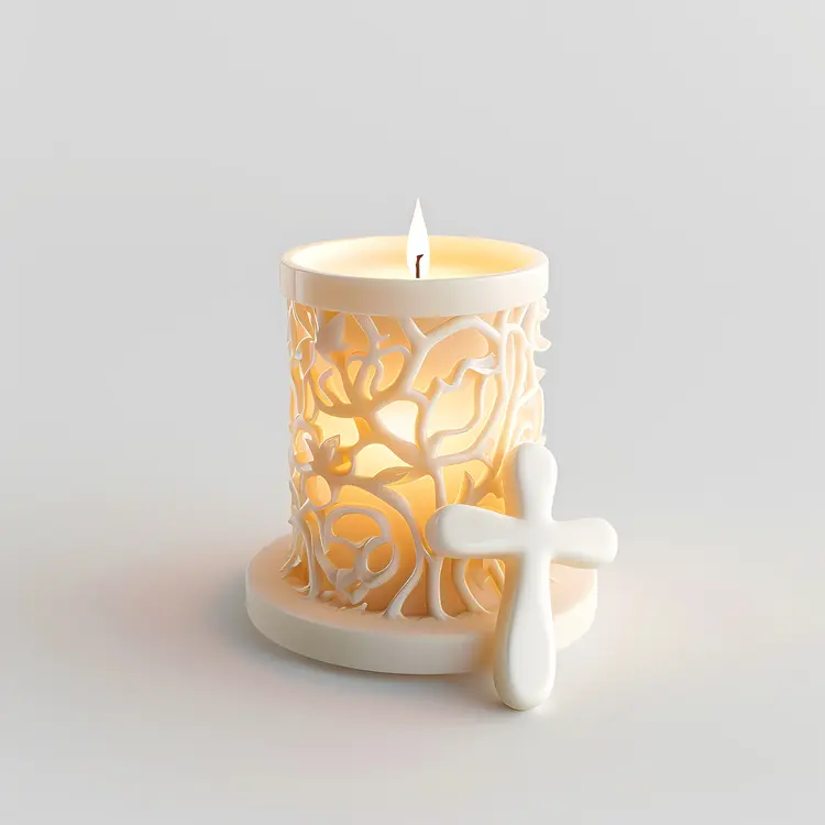 White Candle with Decorative Holder and Cross