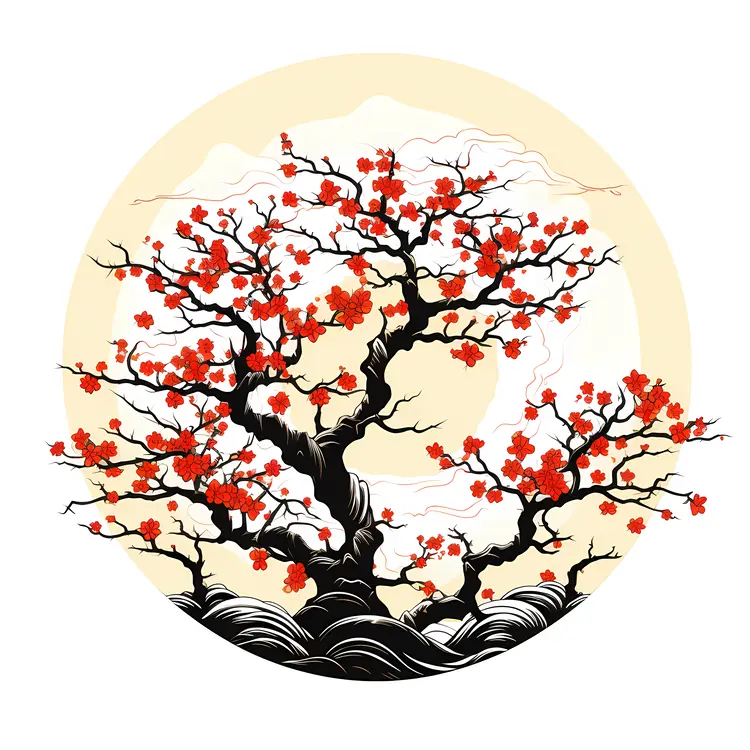 Tree with Red Flowers in a Circular Design