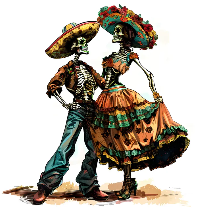 Skeleton Couple in Traditional Attire