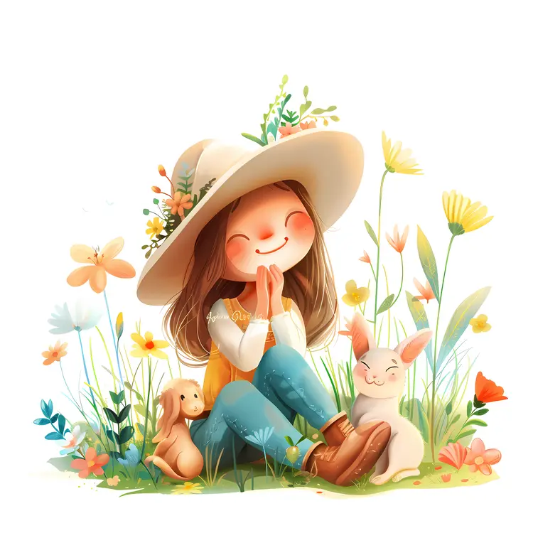 Girl with Animals in a Flower Garden