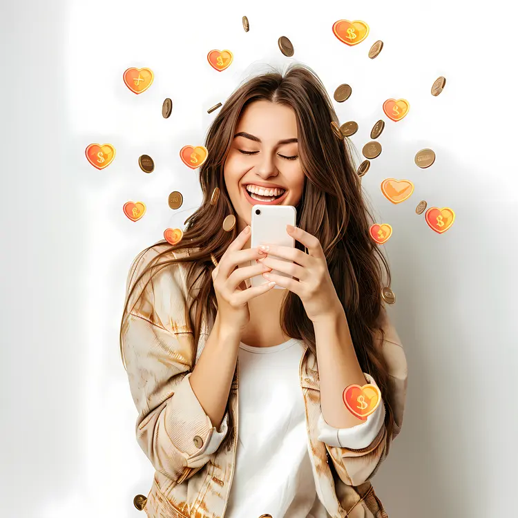 Happy Woman with Phone and Coins