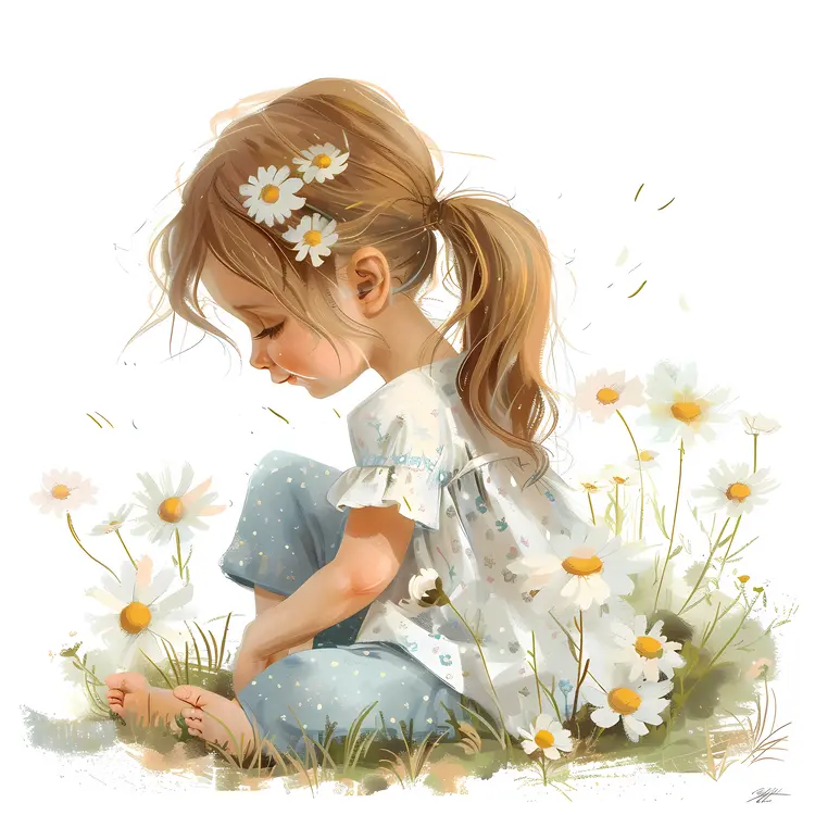 Girl Sitting in Daisy Field