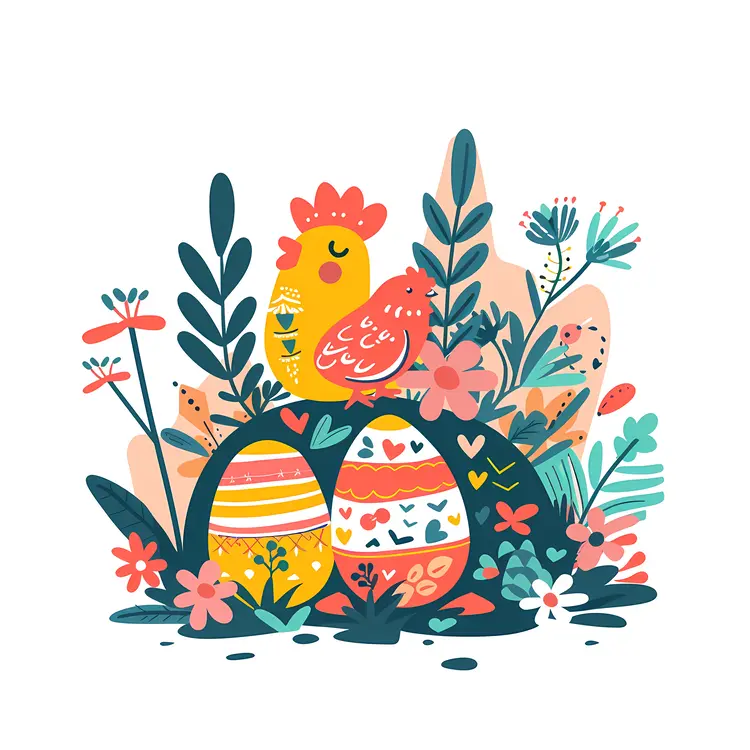 Easter Eggs with Chickens and Flowers