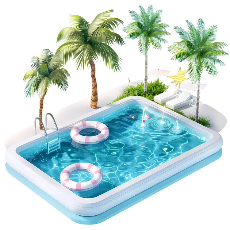 Swimming Pool with Palm Trees and Inflatable Rings