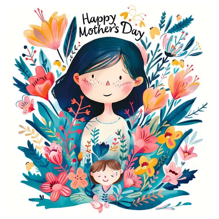 Happy Mother's Day Illustration with Mother and Child
