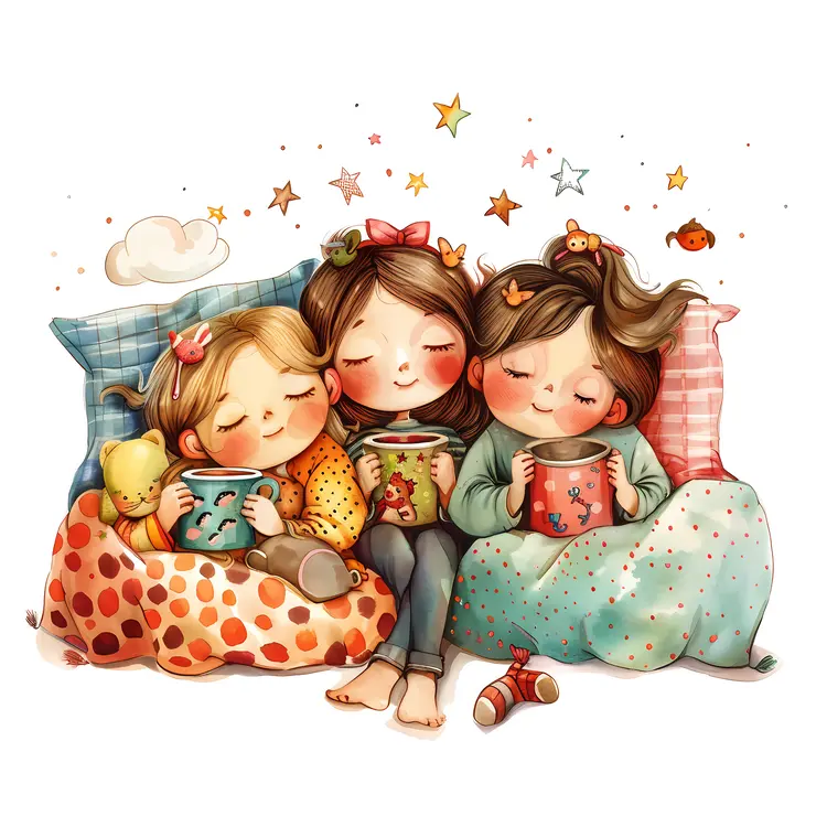 Cute Girls with Mugs at a Sleepover