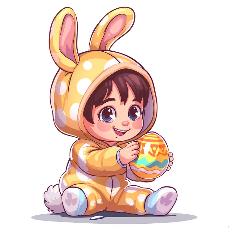 Cute Baby in Yellow Bunny Costume Holding an Egg