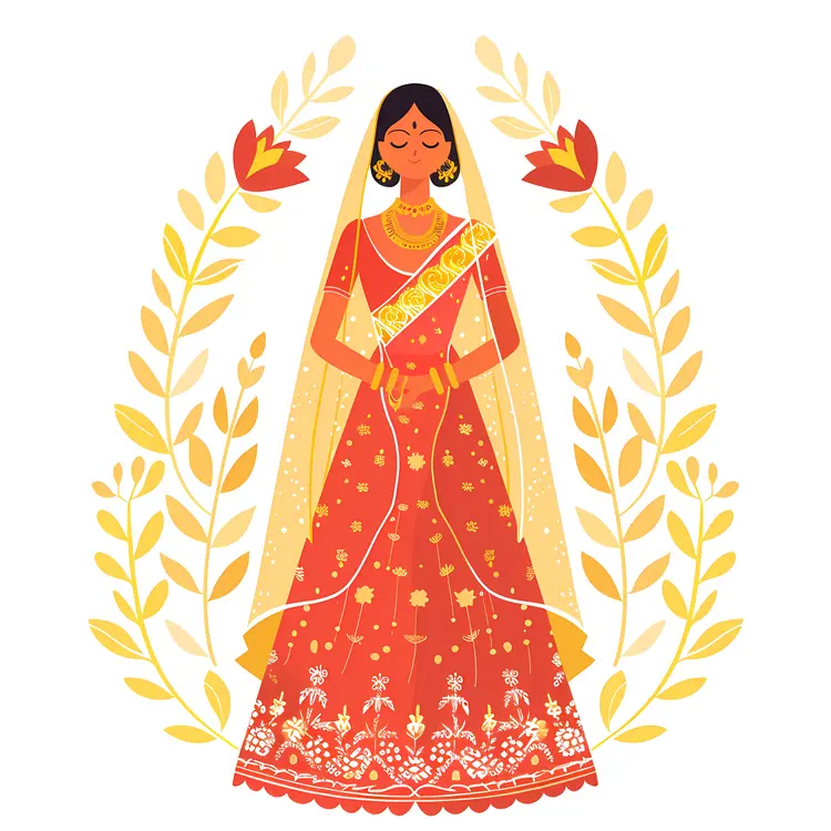 Traditional Indian Bride in Red and Gold Attire with Floral Background