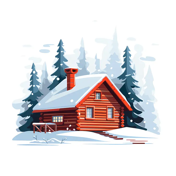 Snowy Wooden Cabin in Winter Forest