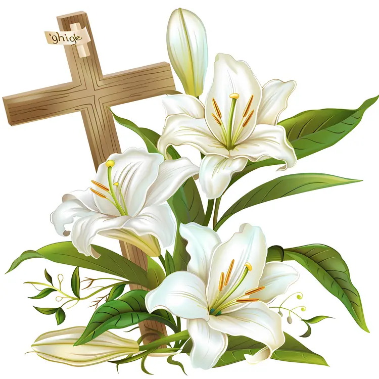 White Lilies and Wooden Cross for Easter