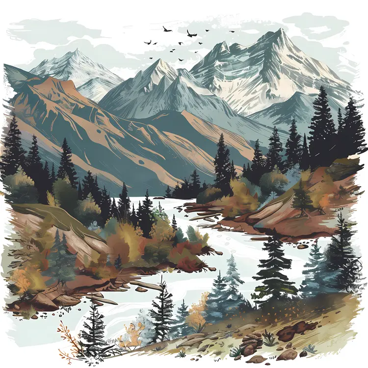 Mountain Stream Landscape Illustration