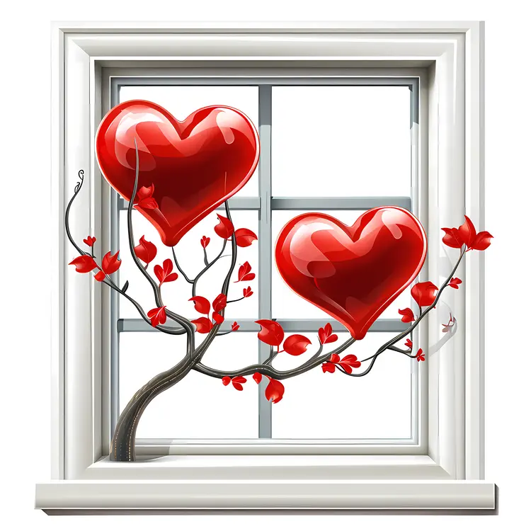 Red Hearts in Window with Branches
