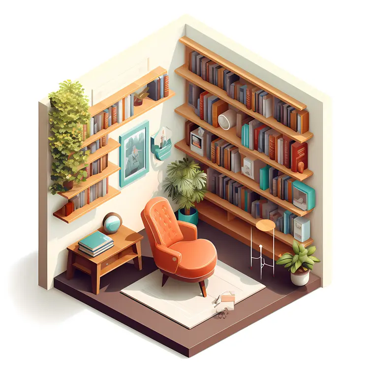 Orange Armchair with Bookshelf and Plants