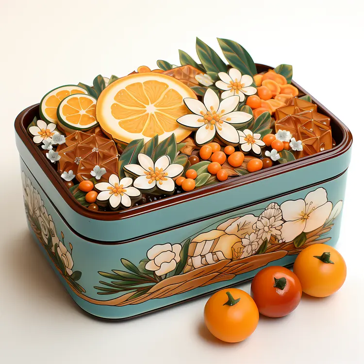 Decorative Food Box with Oranges and Flowers