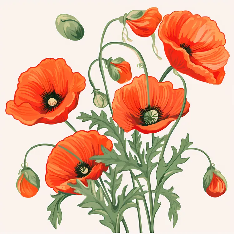 Red Poppies with Green Leaves and Buds