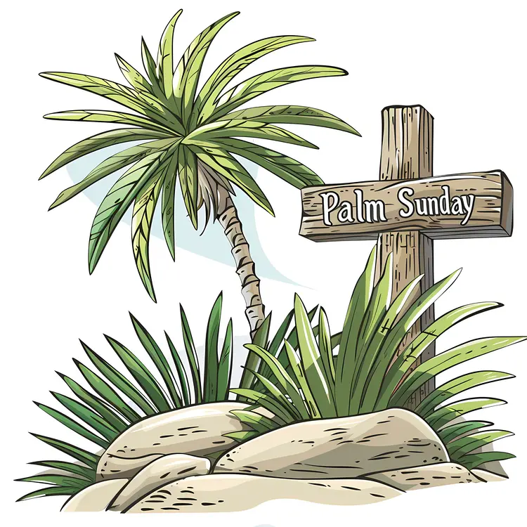 Palm Sunday Sign with Cross and Palm Tree
