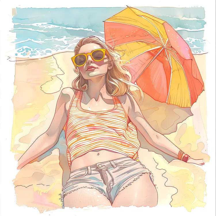 Woman Sunbathing on Beach with Umbrella