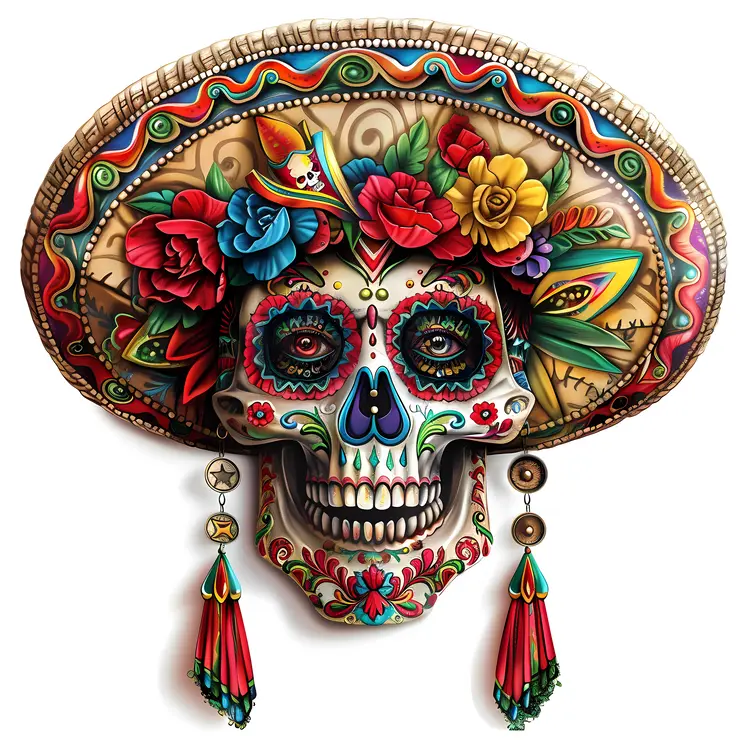 Decorated Skull with Sombrero and Flowers
