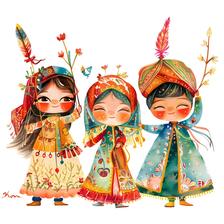 Joyful Children in Traditional Dress with Flowers