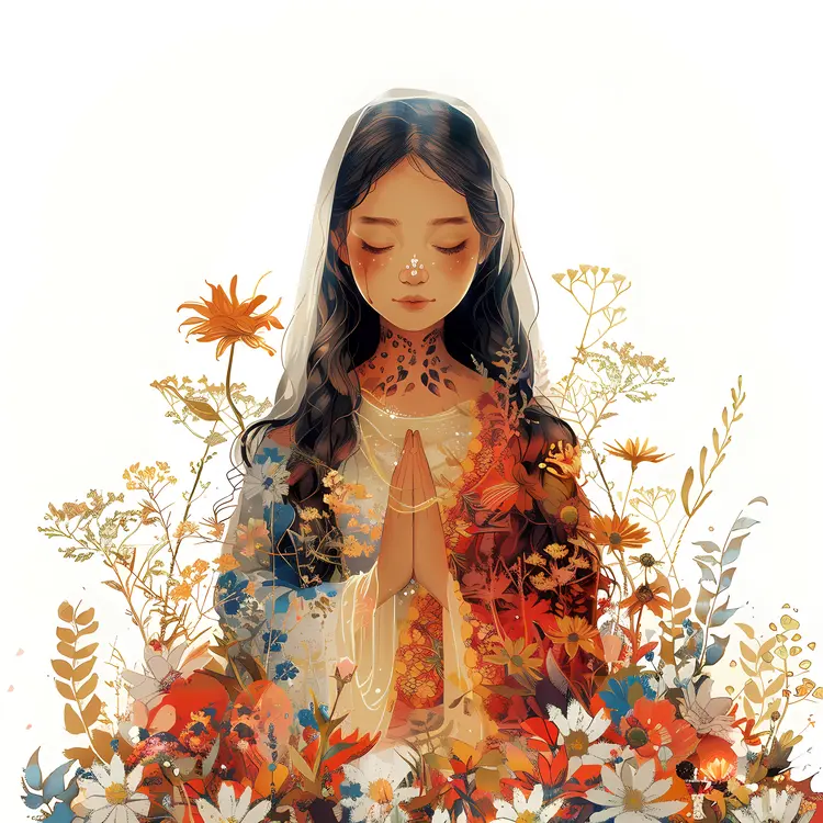 Girl Praying Surrounded by Flowers