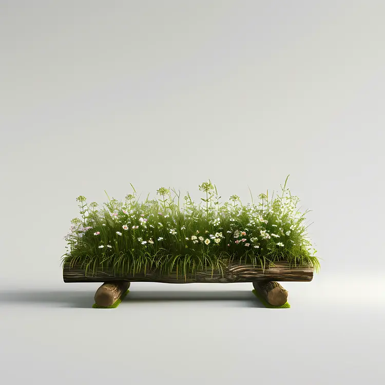 Grass Bed with White Flowers on Wooden Base