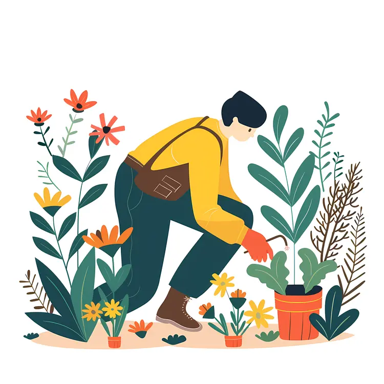 Gardener Tending to Plants Illustration