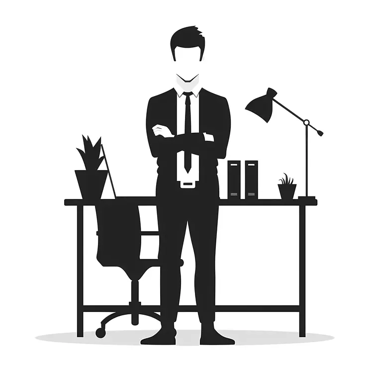 Man Standing at Desk with Laptop and Lamp