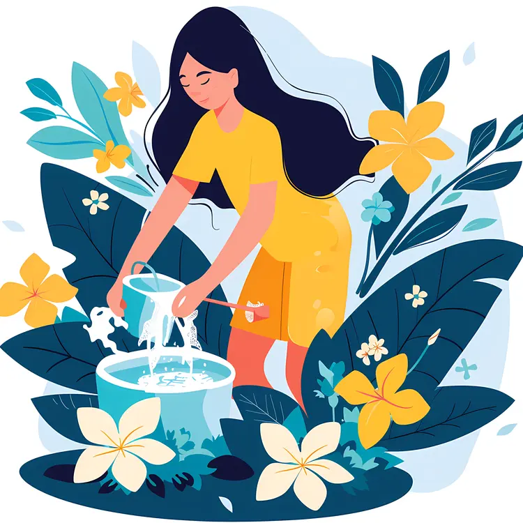 Girl Watering Flowers with Bucket