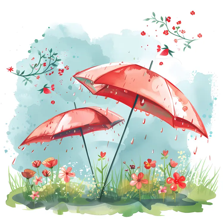 Red Umbrellas and Flowers in the Rain