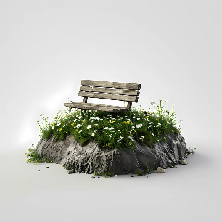 Wooden Bench on Grass with Flowers