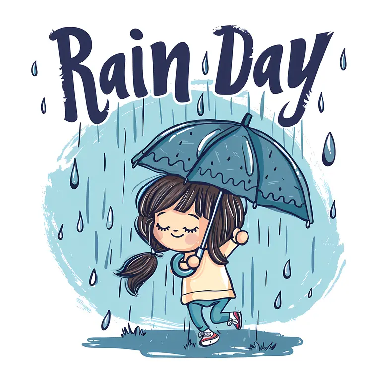 Girl with Blue Umbrella on Rainy Day