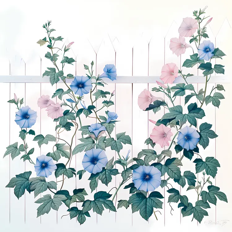 Morning Glories Climbing a Fence