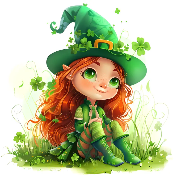 Red-haired girl sitting in grass for St. Patrick's Day