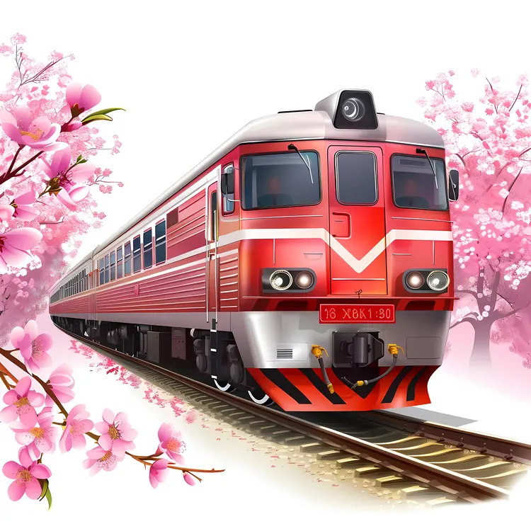 Red Train with Cherry Blossoms